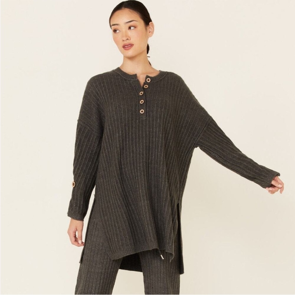 Free People Intimately Oversized Ribbed Henley Sweater Size Small Gray Grey